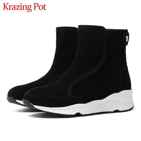 krazing pot fashion comfortable genuine leather snow boots med heels round toe winter young lady daily wear new ankle boots l83, Black
krazing pot fashion comfortable genuine leather snow boots med heels round toe winter young lady daily wear new ankle boots l83, Black
