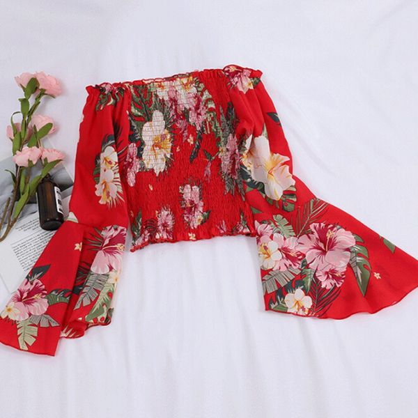 female chiffon women blouse slash neck shirts floral off shoulder blouse, White