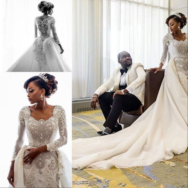 african luxury dubai lace mermaid wedding dress 2020 long sleeves square neck beaded crystals with detachable train wedding bridal gowns, White
african luxury dubai lace mermaid wedding dress 2020 long sleeves square neck beaded crystals with detachable train wedding bridal gowns, White