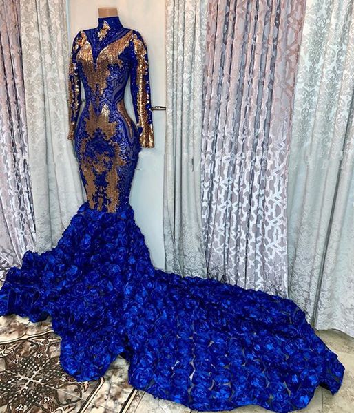2020 high neck long sleeves mermaid prom dresses gold lace applique 3d floral skirt sweep train evening gowns formal party dresses, Black
2020 high neck long sleeves mermaid prom dresses gold lace applique 3d floral skirt sweep train evening gowns formal party dresses, Black
