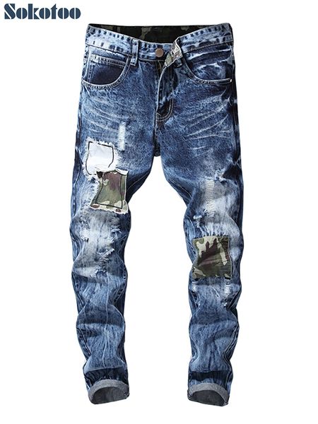 sokotoo men's camouflage patch design snow wash denim jeans plus size trendy patchwork holes ripped slim pants, Blue
sokotoo men's camouflage patch design snow wash denim jeans plus size trendy patchwork holes ripped slim pants, Blue