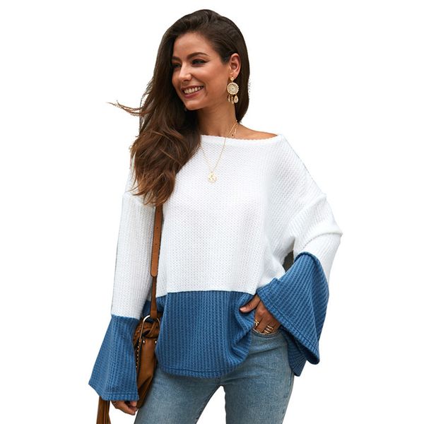 women sweater 2019 autumn knitted swaters female loose wide bell sleeve patchwork jumper o neck knitwear, White;black
women sweater 2019 autumn knitted swaters female loose wide bell sleeve patchwork jumper o neck knitwear, White;black