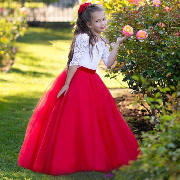 red white princess flower girls dresses bateau neck half sleeves lace tulle floor length children wedding holiday party dresses, Red;yellow
red white princess flower girls dresses bateau neck half sleeves lace tulle floor length children wedding holiday party dresses, Red;yellow