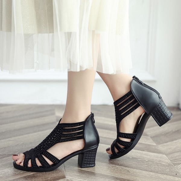 summer hollow rhinestone women's sandals with thick with wild breathable fashion fish mouth roman style, Black
summer hollow rhinestone women's sandals with thick with wild breathable fashion fish mouth roman style, Black
