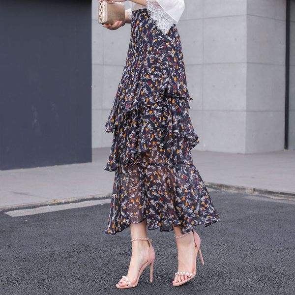 women's skirt fashion chiffon skirts long sweet print floral ruffles asymmetrical office lady clothing lwl366, Black
women's skirt fashion chiffon skirts long sweet print floral ruffles asymmetrical office lady clothing lwl366, Black