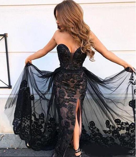 black side split evening dresses sweetheart lace appliques prom gown with detachable train sequin sweep cocktail gown, Black;red
black side split evening dresses sweetheart lace appliques prom gown with detachable train sequin sweep cocktail gown, Black;red