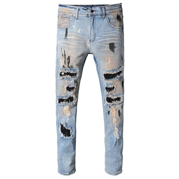 new men's vintage blue holes black rivet patch slim skinny ripped jeans casual trendy painted distressed denim pants
new men's vintage blue holes black rivet patch slim skinny ripped jeans casual trendy painted distressed denim pants