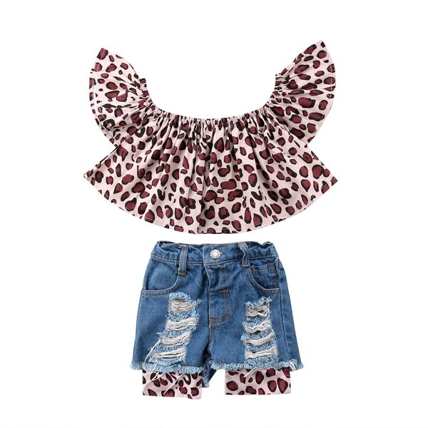 

дети детские девушки лето леопард топ + джинсовые рваные шорты брюки наряд комплект одежды, White