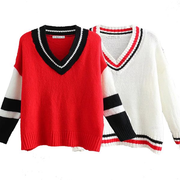 vintage women's sweater v neck patchwork long sleeve knitted women's jacket casual oversize pullovers chic female jumpers, White;black
vintage women's sweater v neck patchwork long sleeve knitted women's jacket casual oversize pullovers chic female jumpers, White;black