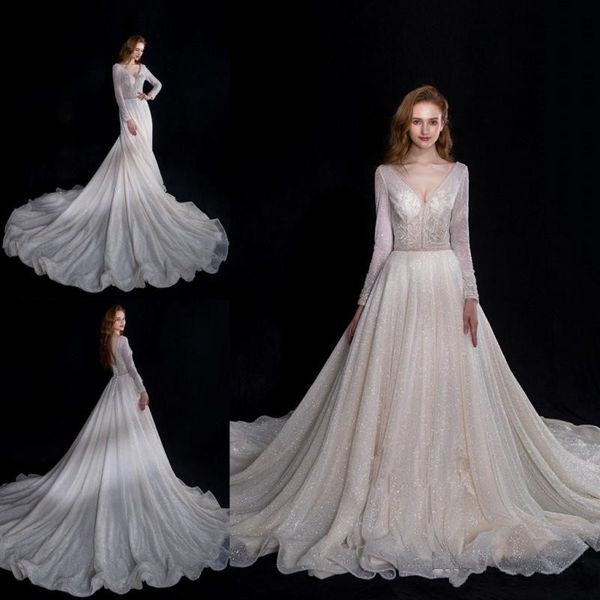 2020 sparkly cascading ruffles wedding dresses with beads sequins lace-up deep v neck long sleeve bridal gowns lace applique wedding dress
2020 sparkly cascading ruffles wedding dresses with beads sequins lace-up deep v neck long sleeve bridal gowns lace applique wedding dress