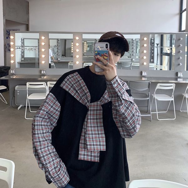 2019 autumn new korean men's japanese simple couple models fake two-piece plaid long-sleeved loose casual pullover, Black
2019 autumn new korean men's japanese simple couple models fake two-piece plaid long-sleeved loose casual pullover, Black