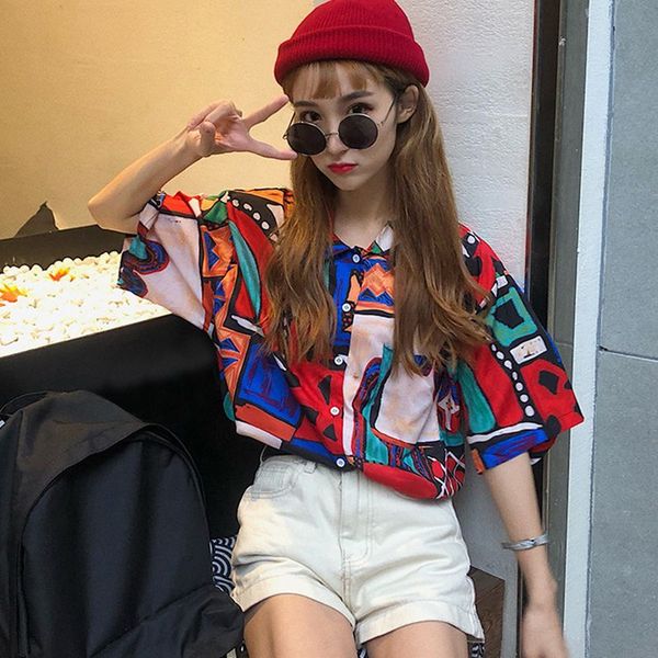 women print blouse hawaii style loose lapel shirts summer casual short sleeve blouse, White
women print blouse hawaii style loose lapel shirts summer casual short sleeve blouse, White