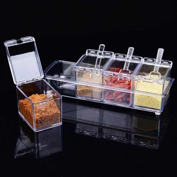 4 grids transparent plastic seasoning box pepper salt storage can pot with spoon for home kitchen tools
4 grids transparent plastic seasoning box pepper salt storage can pot with spoon for home kitchen tools