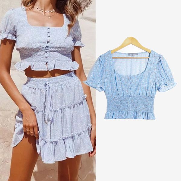 floral print buttons crop summer 2020 square collar short sleeve shirt casual ruffles slim holiday womens and blouses, White
floral print buttons crop summer 2020 square collar short sleeve shirt casual ruffles slim holiday womens and blouses, White
