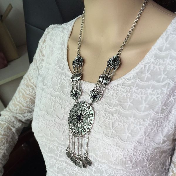 european and american fashion bohemian antique carved long circular tassel necklace fy18081910, Silver
european and american fashion bohemian antique carved long circular tassel necklace fy18081910, Silver