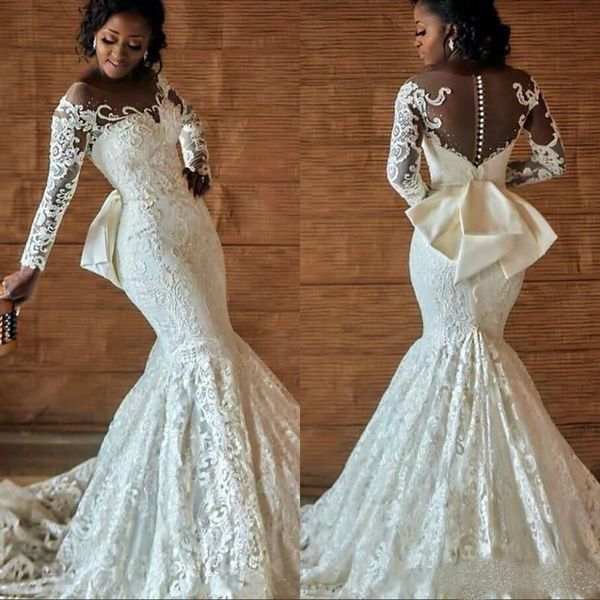 2019 african mermaid wedding dresses long sleeve lace applique plus size wedding dress bridal gowns buttons back vintage vestido de novia, White
2019 african mermaid wedding dresses long sleeve lace applique plus size wedding dress bridal gowns buttons back vintage vestido de novia, White