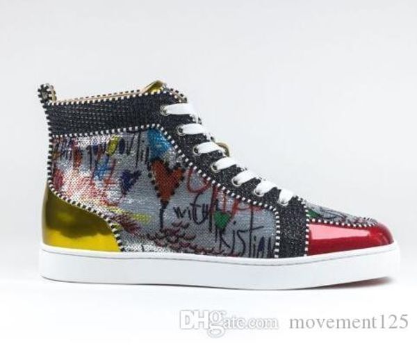2019 high red bottom spikes sneakers men casual shoes luxury print silver sequin sliver pik no limit rare studs and rhinestones graffiti, Black
2019 high red bottom spikes sneakers men casual shoes luxury print silver sequin sliver pik no limit rare studs and rhinestones graffiti, Black