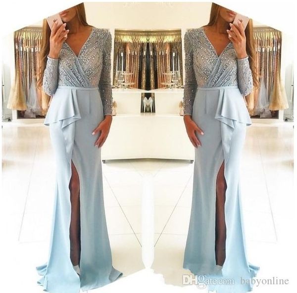 modest light sky blue beaded long sleeve evening dresses formal a line v neck split pleats mother of bride groom dress prom gowns, Black;red
modest light sky blue beaded long sleeve evening dresses formal a line v neck split pleats mother of bride groom dress prom gowns, Black;red
