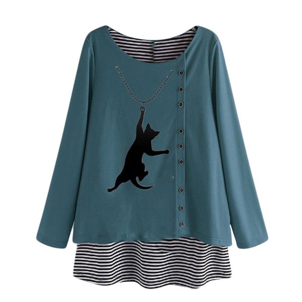 women and blouses for office long sleeves cartoon cat print stripe patchwork big code blouse blusas verano mujer 2019, White
women and blouses for office long sleeves cartoon cat print stripe patchwork big code blouse blusas verano mujer 2019, White