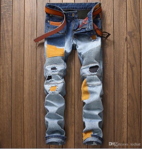unique mens distressed ripped patchwork jeans designer washed fold light blue motorcycle straight leg streetwear denim pants 550-5
unique mens distressed ripped patchwork jeans designer washed fold light blue motorcycle straight leg streetwear denim pants 550-5