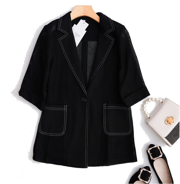 n043#small jacket 2020 summer suit collar bright line decoration seven-quarter sleeve one button net breathable plus size, White;black
n043#small jacket 2020 summer suit collar bright line decoration seven-quarter sleeve one button net breathable plus size, White;black