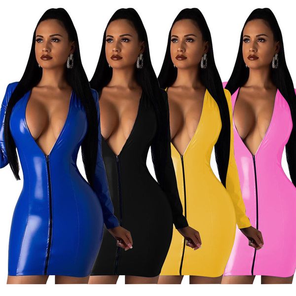 high elastic pu leather dress summer clothes for women deep v neck full sleeve bodycon dress elegant front zip party dress nb-1485, Black;gray
high elastic pu leather dress summer clothes for women deep v neck full sleeve bodycon dress elegant front zip party dress nb-1485, Black;gray