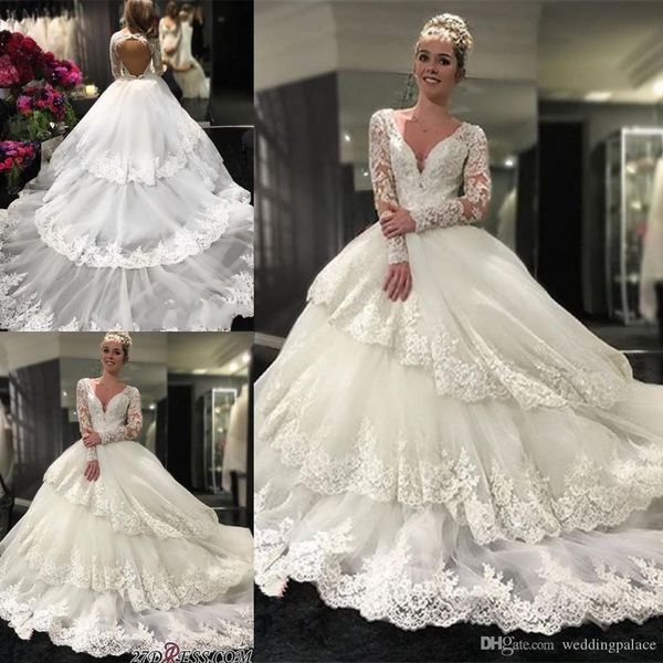 latest v-neck a-line wedding dresses long sleeve long tiered cathedral train bridal wedding gowns hochzeitskleid robe de mariee, White
latest v-neck a-line wedding dresses long sleeve long tiered cathedral train bridal wedding gowns hochzeitskleid robe de mariee, White