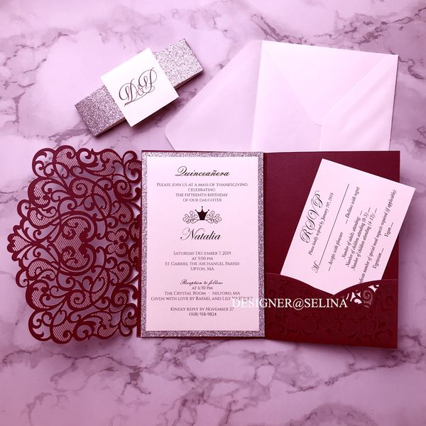 burgundy wedding invitations silver glitter laser cut invitation cards with belt and tag for bridal shower quinceanera invite w rsvp card, Black
burgundy wedding invitations silver glitter laser cut invitation cards with belt and tag for bridal shower quinceanera invite w rsvp card, Black