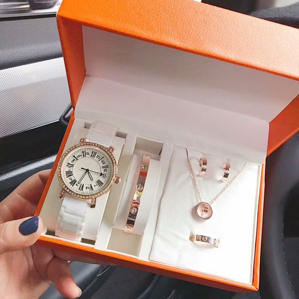 Fashion Women 5 Sets Include Watch Necklace Bracelet Earring Ring With Box Dress Diamond Watches For Ladies Valentine Gift