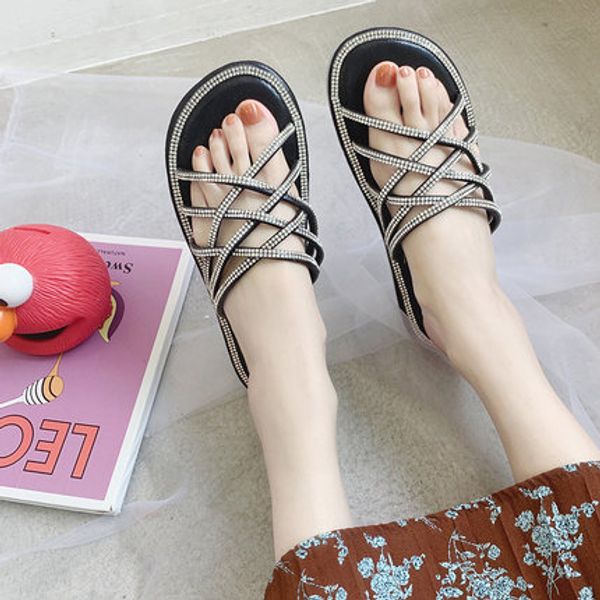 2020 new fashion cross thin belt rhinestones wear flat bottom holiday beach wild word sandals and slippers women, Black