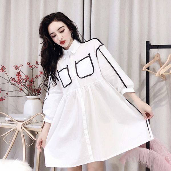 2019 spring summer korean casual spell color stitching loose mini dress women lapel white party dress kleider damen dresses, Black;gray
2019 spring summer korean casual spell color stitching loose mini dress women lapel white party dress kleider damen dresses, Black;gray
