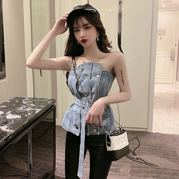 women elegant off shoulder denim shirt streetwear sleeveless belt blouse ladies casual womens tank 2020 new summer, White
women elegant off shoulder denim shirt streetwear sleeveless belt blouse ladies casual womens tank 2020 new summer, White