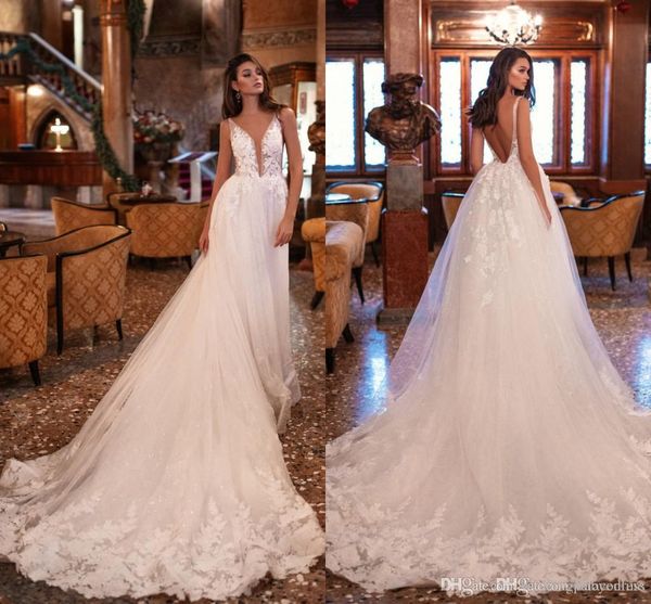 milla nova new designer a line lace wedding dresses deep v neck backless appliques ruched court train wedding dress bridal gowns vestidos, White
milla nova new designer a line lace wedding dresses deep v neck backless appliques ruched court train wedding dress bridal gowns vestidos, White