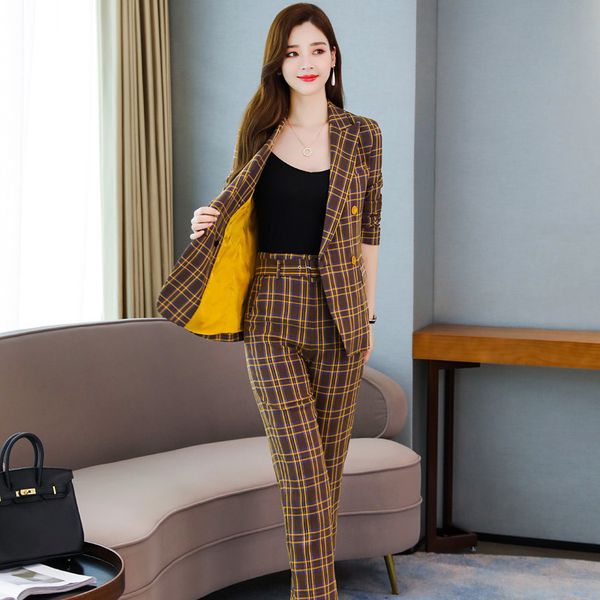 women's suit 2019 autumn new casual fashion temperament lattice double-breasted suit women's pants two-piece, White;black
women's suit 2019 autumn new casual fashion temperament lattice double-breasted suit women's pants two-piece, White;black