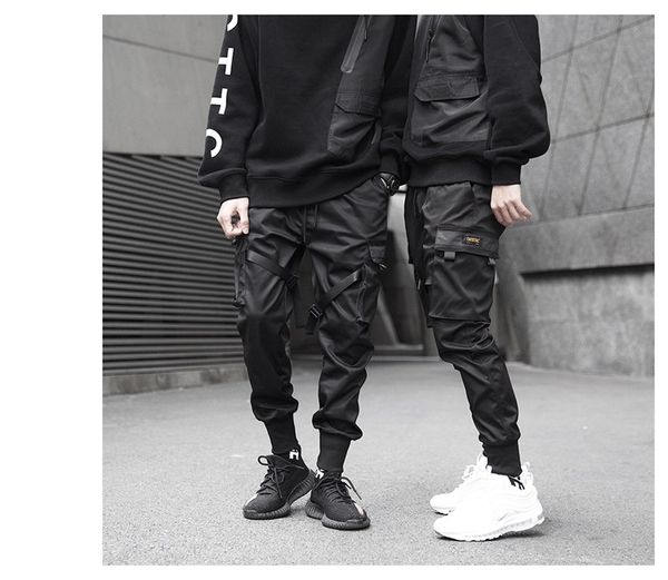 cargo trousers side hip fashion patchwork men's pants hop pockets dekex, Black
