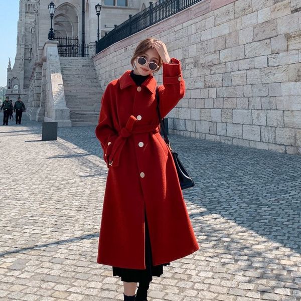 chic elegant red women coat wool and blends single-breasted loose outerwear long clothes tied with belt female woollen overcoats, Black
chic elegant red women coat wool and blends single-breasted loose outerwear long clothes tied with belt female woollen overcoats, Black