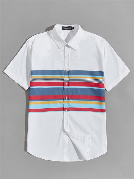 mens colorblock striped shirt short sleeve mandarin collar single breasted casual shirts homme loose top, White;black
mens colorblock striped shirt short sleeve mandarin collar single breasted casual shirts homme loose top, White;black