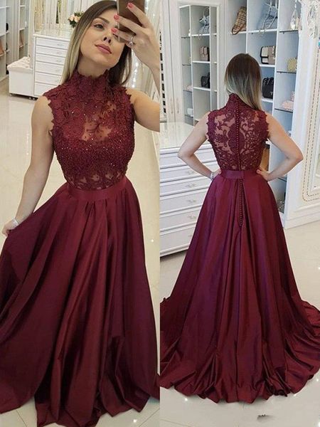 a line burgundy evening dresses lace appliqued custom made high neck sleeveless beaded covered button satin prom party gown b85, Black;red
a line burgundy evening dresses lace appliqued custom made high neck sleeveless beaded covered button satin prom party gown b85, Black;red