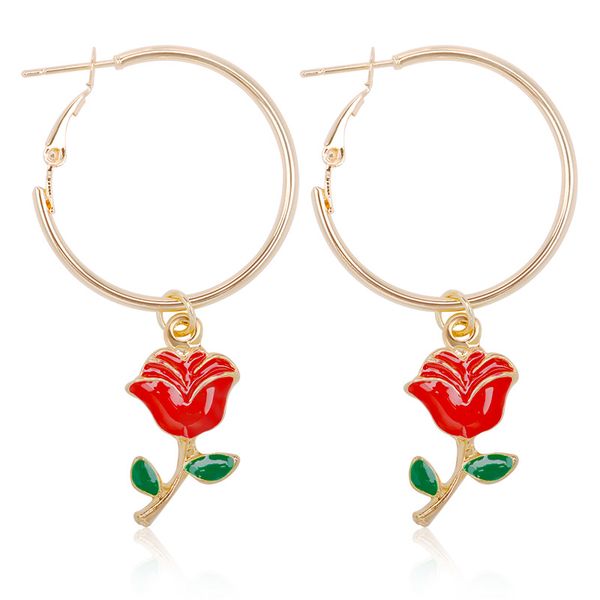1pair classical elegant red rose flower hoop earrings for women european simple gold silver color plant circle earrings jewelry, Golden;silver
1pair classical elegant red rose flower hoop earrings for women european simple gold silver color plant circle earrings jewelry, Golden;silver