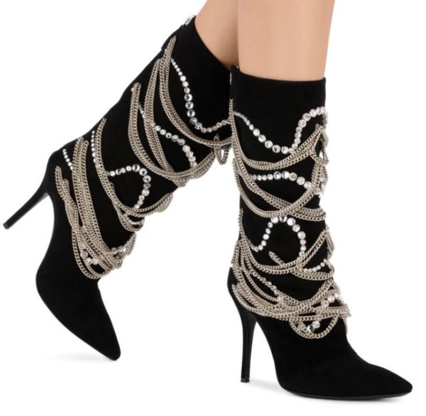 autumn new fashion black suede leather women mid-calf boots chain straps ladies high heel boots crystal knight
autumn new fashion black suede leather women mid-calf boots chain straps ladies high heel boots crystal knight