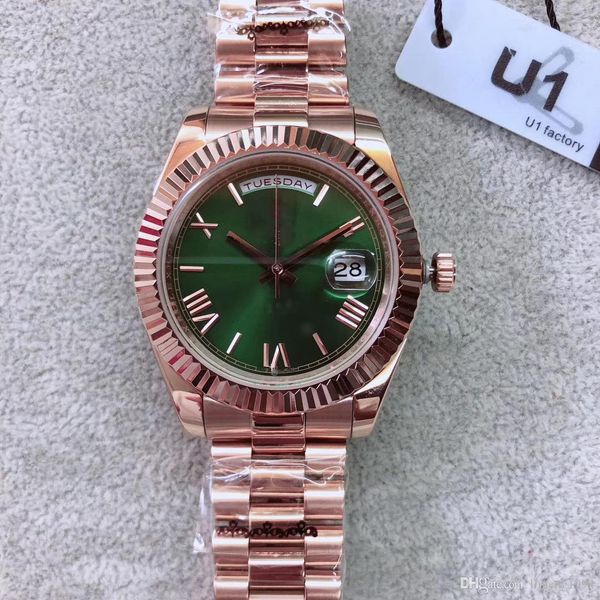 green daydate 40 self-winding mechanical movement champagne dial fluted bezel concealed folding crown luminous wristwatches, Slivery;brown
green daydate 40 self-winding mechanical movement champagne dial fluted bezel concealed folding crown luminous wristwatches, Slivery;brown
