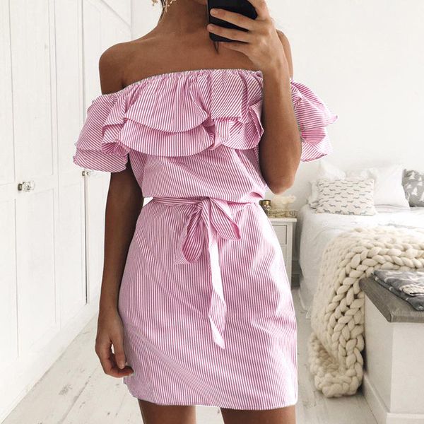 women dress summer cute casual slash neck off shoulder ruffles stripe short dress cotton linen mini, Black;gray
women dress summer cute casual slash neck off shoulder ruffles stripe short dress cotton linen mini, Black;gray