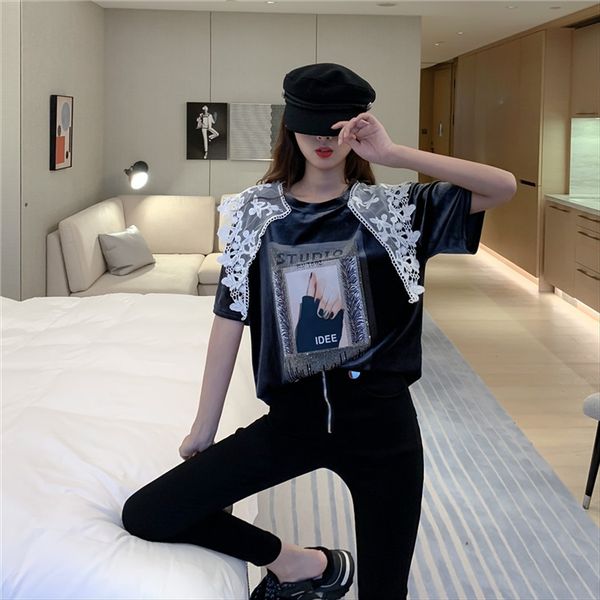 2020 velvet printed t-shirt female hong kong style design sense lace western style all-match fashion, White
2020 velvet printed t-shirt female hong kong style design sense lace western style all-match fashion, White