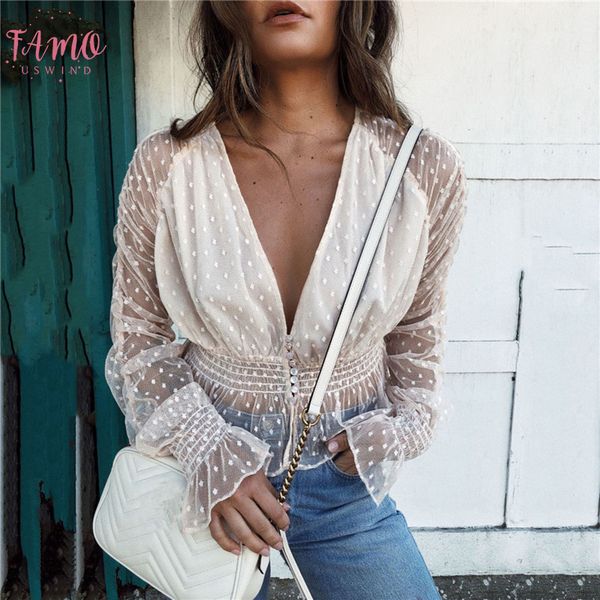2019 women blouses see through transparent mesh deep v neck long sleeve sheer blouse shirt ladies ruched polka dot, White
2019 women blouses see through transparent mesh deep v neck long sleeve sheer blouse shirt ladies ruched polka dot, White