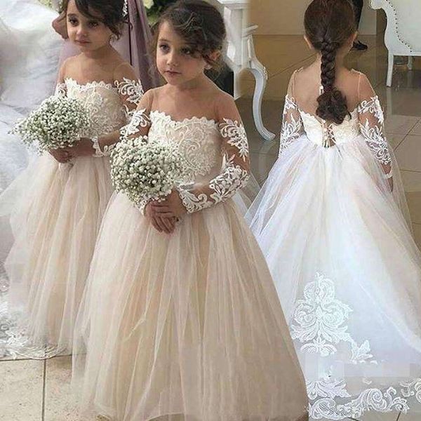 2019 chic sheer jewel neck flower girls dresses long sleeve appliques sweep train first communion dresses girls pageant gown sale, White;blue
2019 chic sheer jewel neck flower girls dresses long sleeve appliques sweep train first communion dresses girls pageant gown sale, White;blue