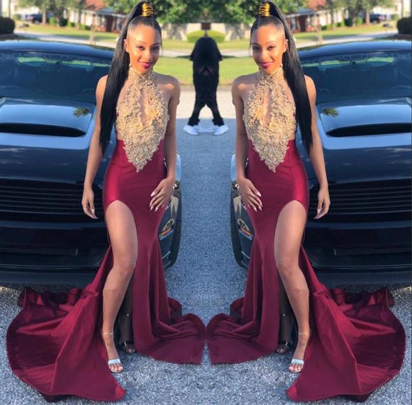 2019 black girls halter satin mermaid long prom dresses gold lace applique split sweep train party evening gowns bc1513
2019 black girls halter satin mermaid long prom dresses gold lace applique split sweep train party evening gowns bc1513