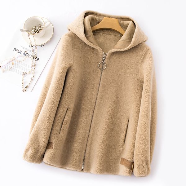 2019 winter new grain sheep sheared coat female short hooded fashion fur one fur coat female, Black
2019 winter new grain sheep sheared coat female short hooded fashion fur one fur coat female, Black