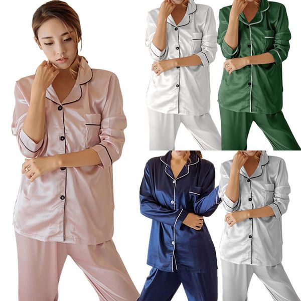 new women summer silk satin sleepwear long sleeve pajamas sets home suit nightwear blue green pink silver white, Blue;gray
new women summer silk satin sleepwear long sleeve pajamas sets home suit nightwear blue green pink silver white, Blue;gray