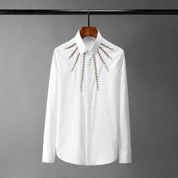 new black white mens shirts luxury beads golden thorns long sleeve casual man shirts plus size 4xl slim fit party male, White;black
new black white mens shirts luxury beads golden thorns long sleeve casual man shirts plus size 4xl slim fit party male, White;black