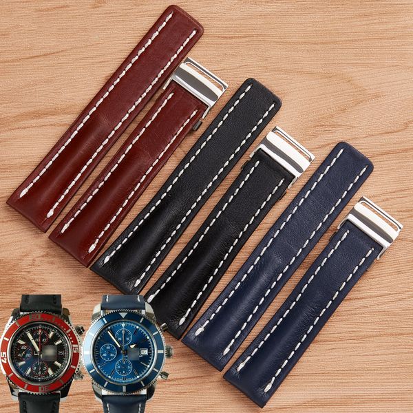 Watch Accessories 22mm 24mm Black Brown Blue Smooth Leather Strap With Stainless Steel Folding Buckle Suitable For For Breitling Superocean